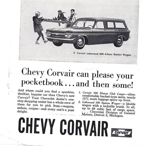 Chevy Corvair 900 Monza Club Coupe Lakewood Station Wagon Advertisement Print - Picture 2 of 2